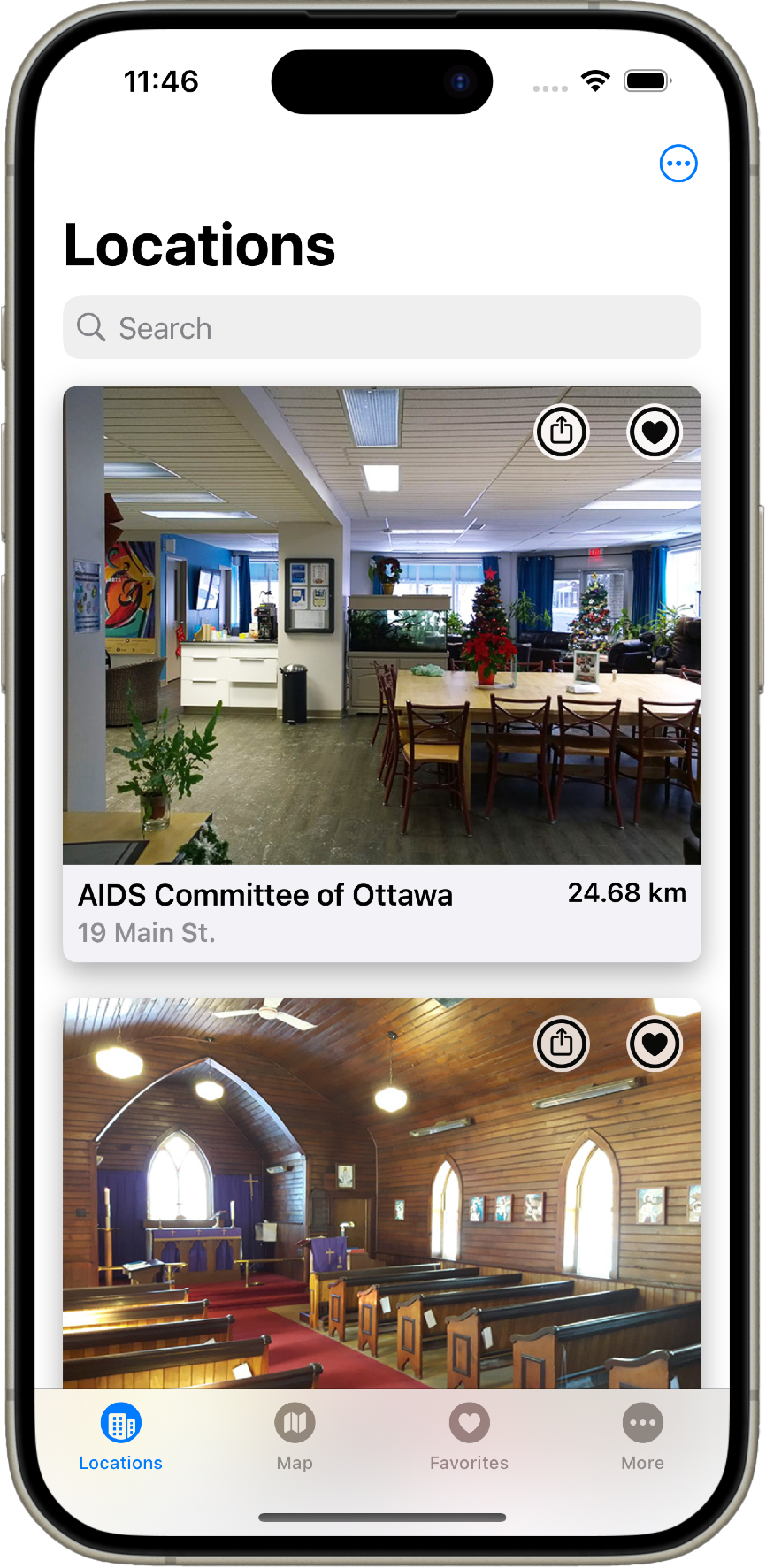 Mobile app showing a list of nearby participating locations. Time: 11:46. Search bar: Q Search. Lists AIDS Committee of Ottawa at 24.68 kilometres with address 19 Main St. Tabs below list: Map, Favorites, More.